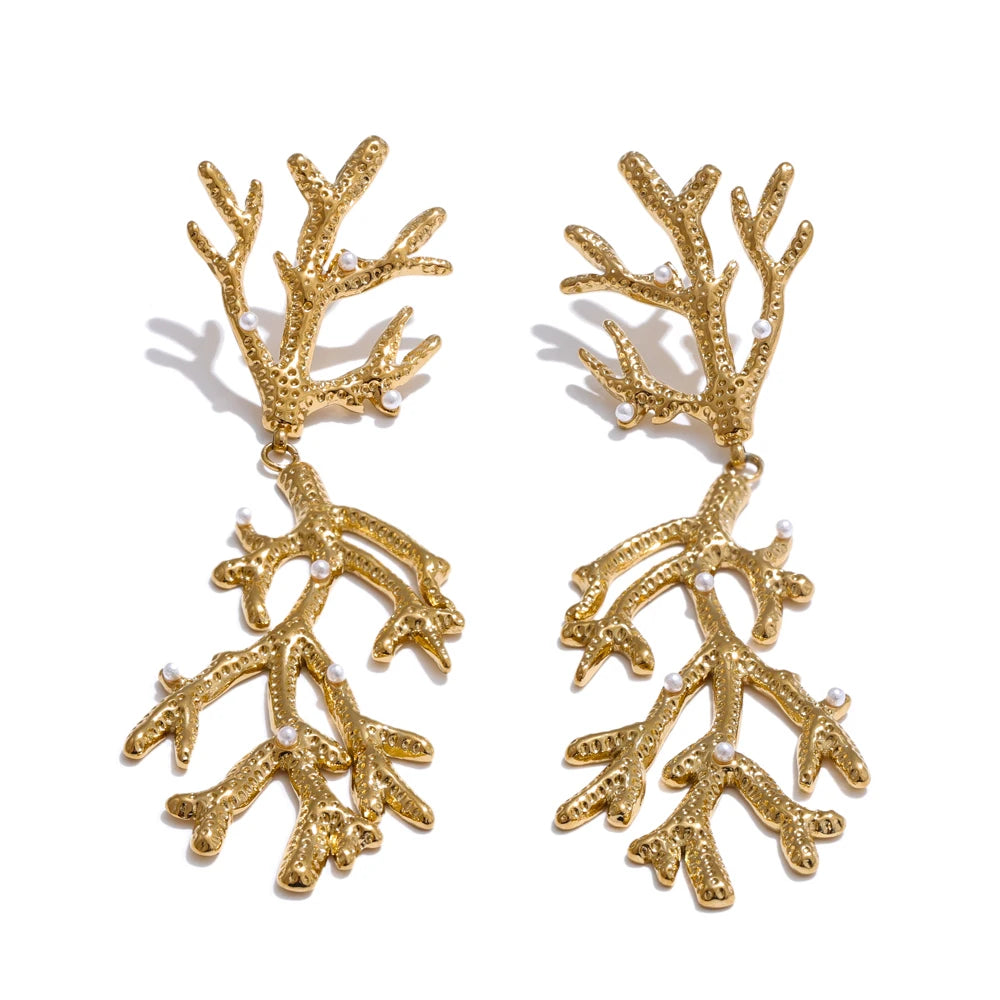 Plant leaf pearls big drop earrings - product image