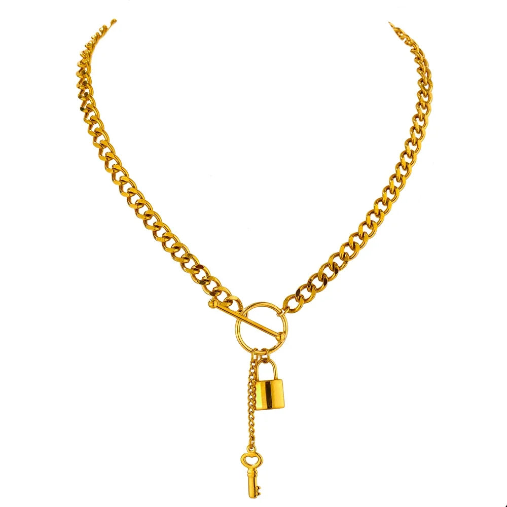 Punk metal lock pendant minimalist chain necklace - product image