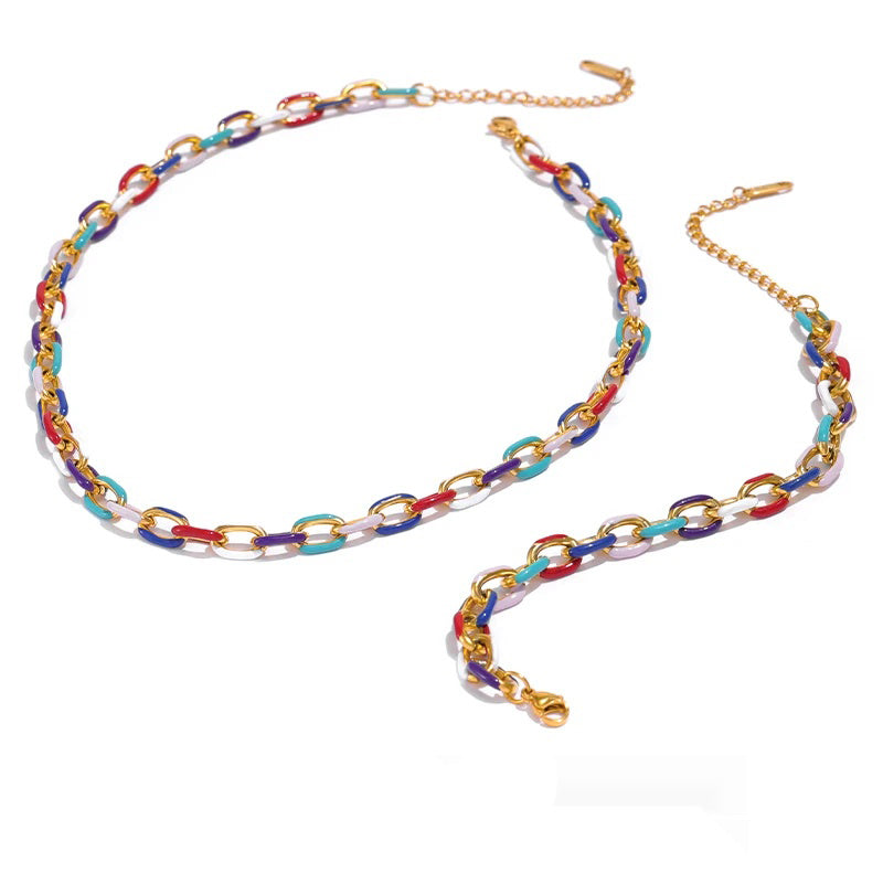 Rainbow enamel chain necklace bracelet set - product image