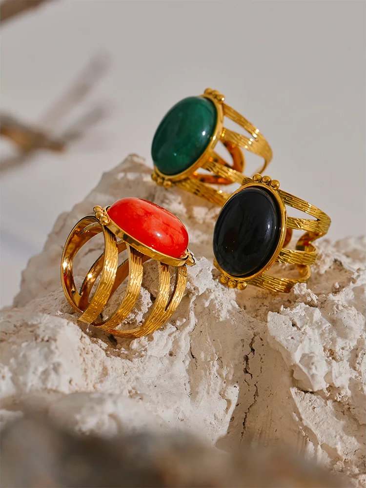 Red black green stone open adjustable ring - product image