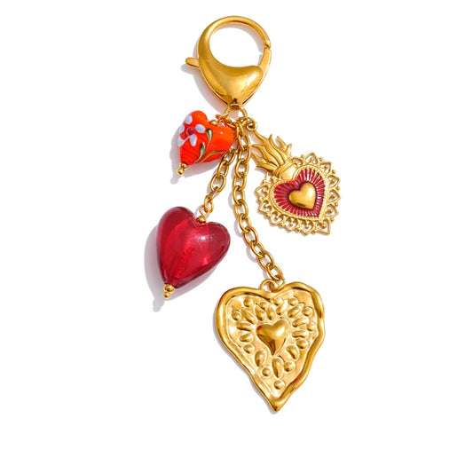 Red ceramic glass heart pendant keychain - product image