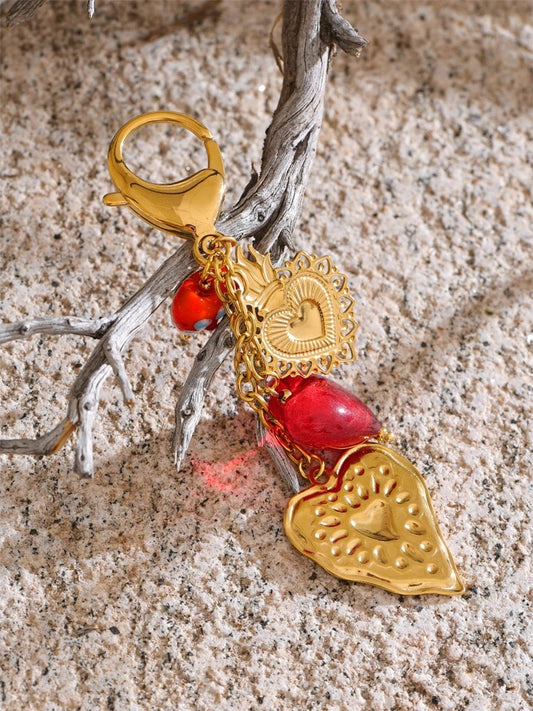 Red ceramic glass heart pendant keychain - product image