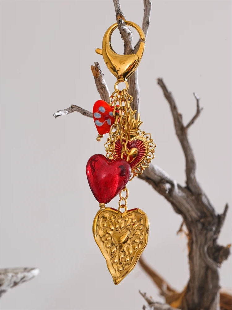 Red ceramic glass heart pendant keychain - product image