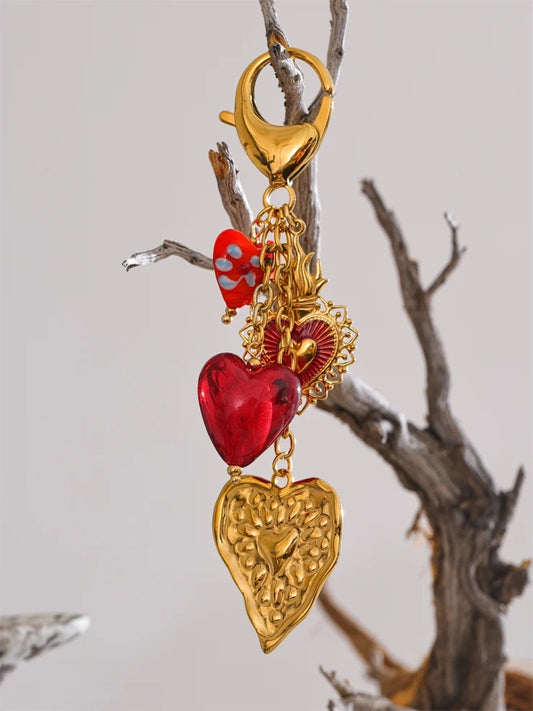 Red ceramic glass heart pendant keychain - product image