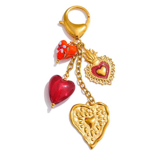 Red ceramic glass heart pendant keychain - product image