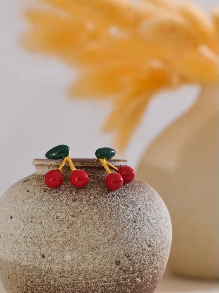 Red cherry enamel pendant necklace earrings set - product image
