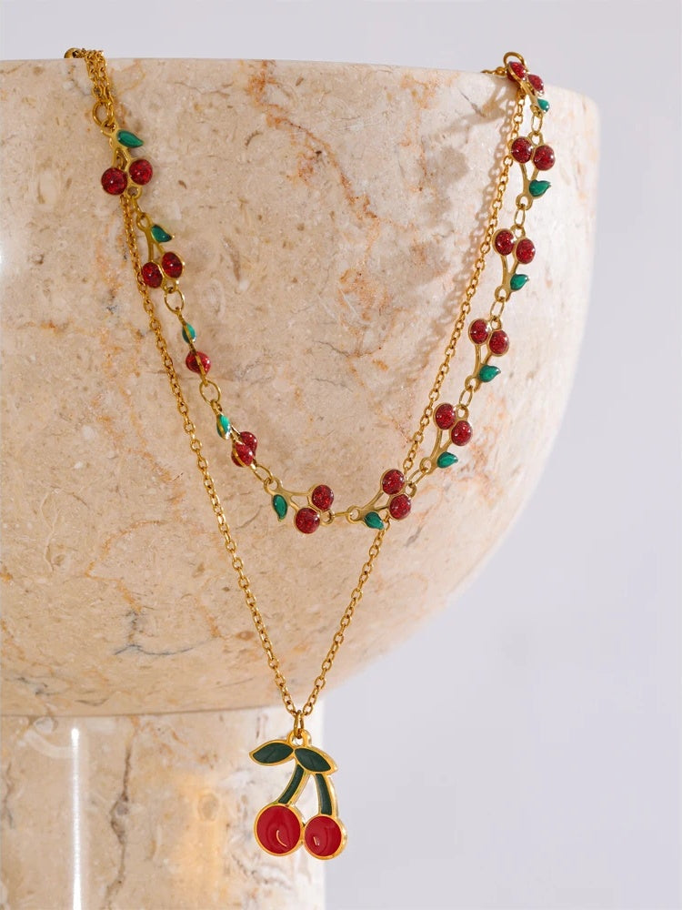 Red enamel fruit cherry pendant necklace - product image