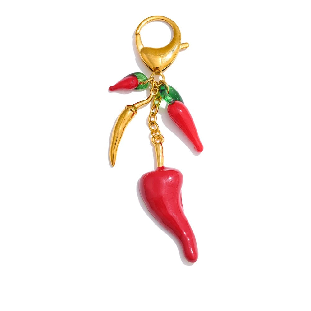 Red enamel resin chilli handbag keychain pendant - product image