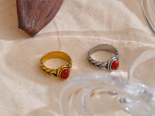 Red gold color black natural stone vintage ring - product image