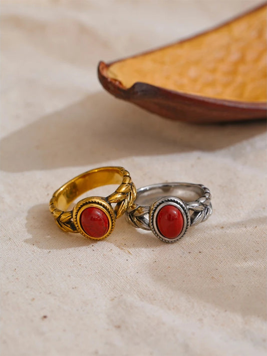 Red gold color black natural stone vintage ring - product image