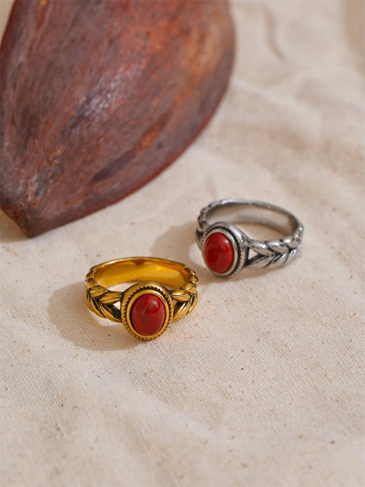 Red gold color black natural stone vintage ring - product image