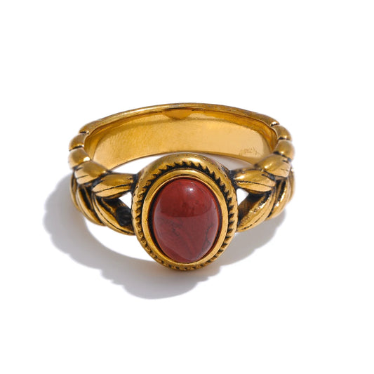 Red gold color black natural stone vintage ring - product image