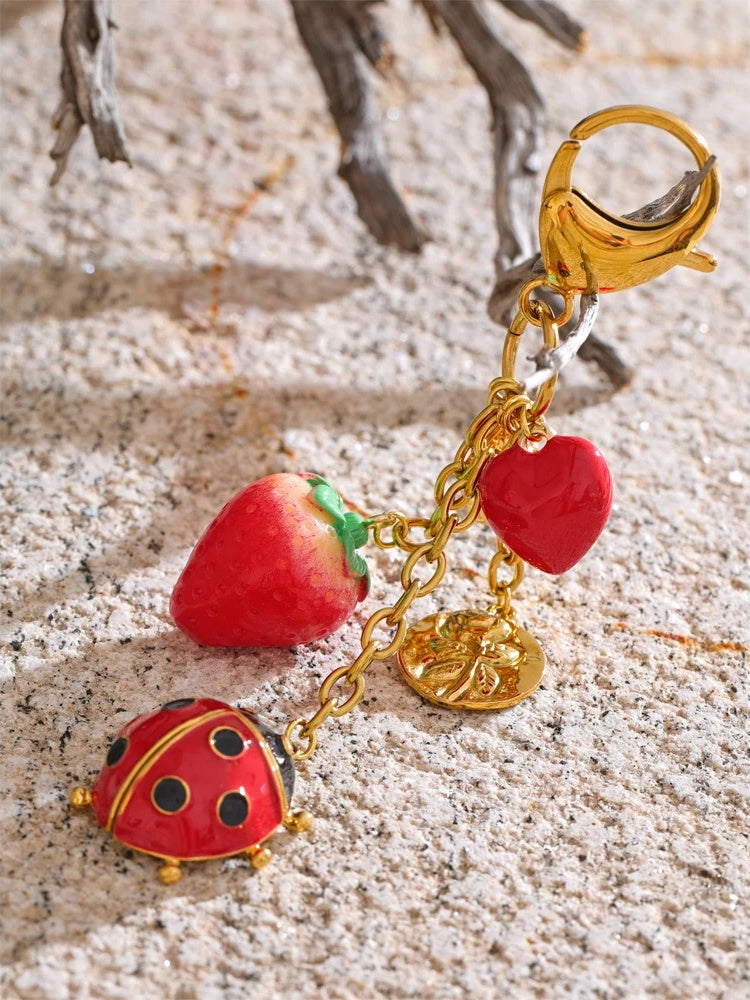 Red ladybird strawberry heart keychain - product image