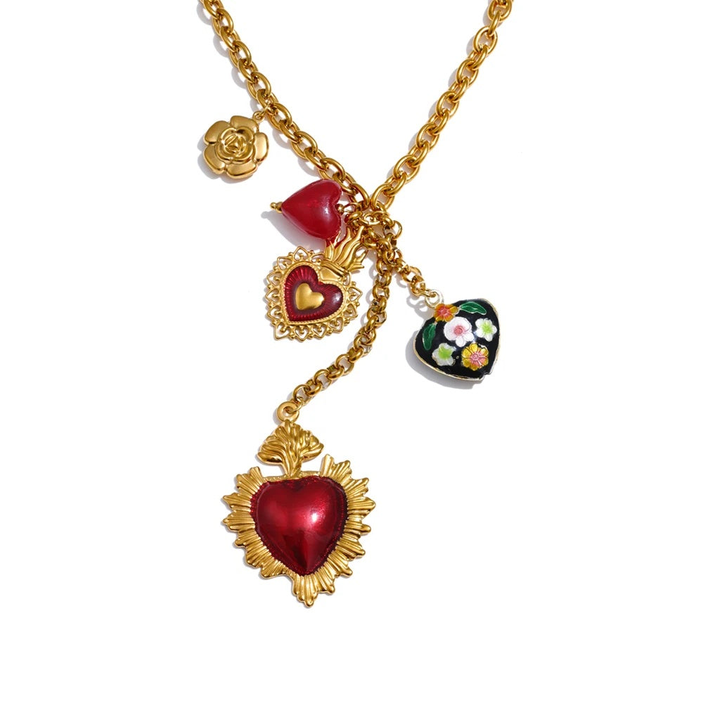 Red resin enamel flower heart pendant necklace - product image