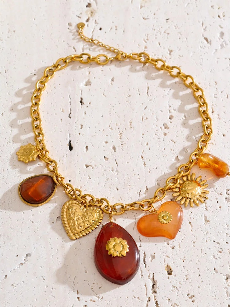 Red resin oval heart sun drop pendant necklace - product image