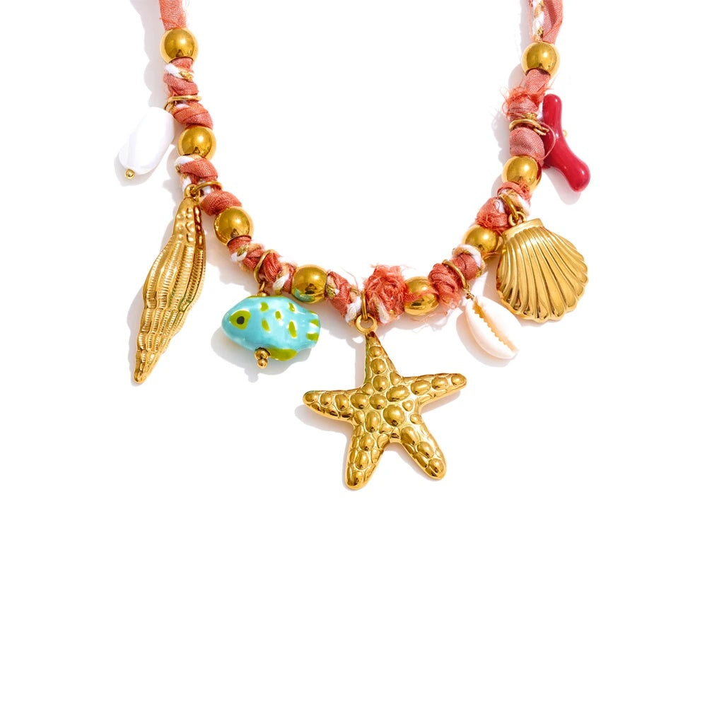 Red rope ceramic shell conch starfish necklace - product image