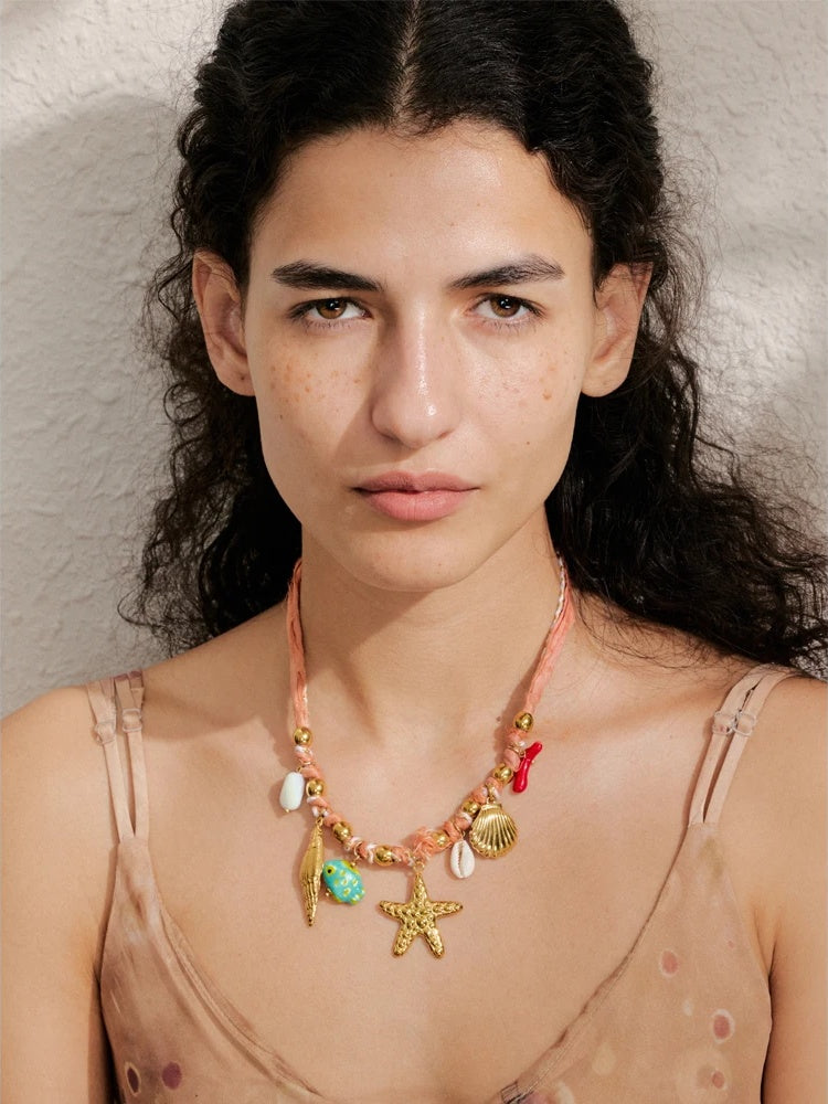 Red rope ceramic shell conch starfish necklace - product image