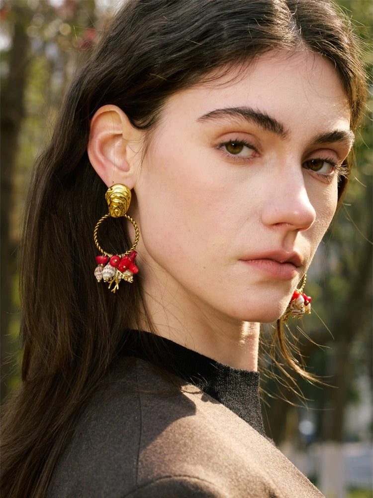 Red stone shell conch drop dangle earrings - product image