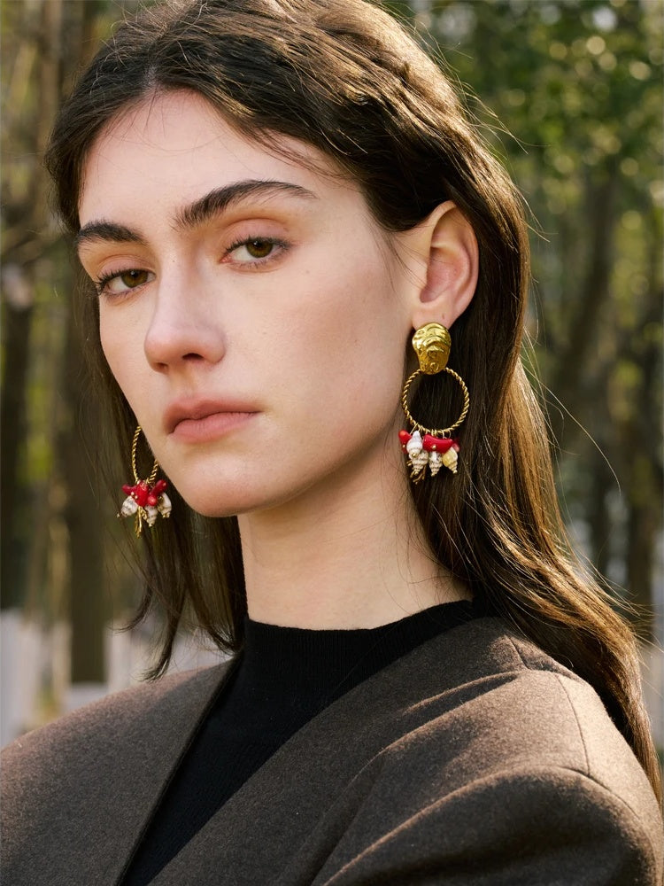 Red stone shell conch drop dangle earrings - product image