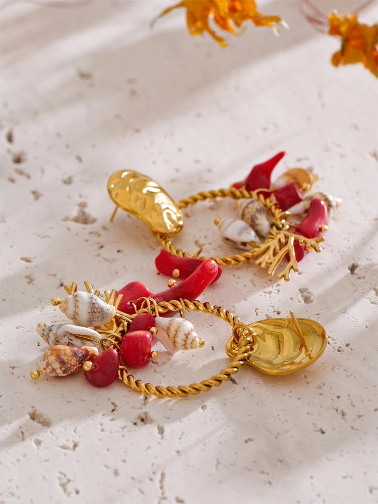 Red stone shell conch drop dangle earrings - product image