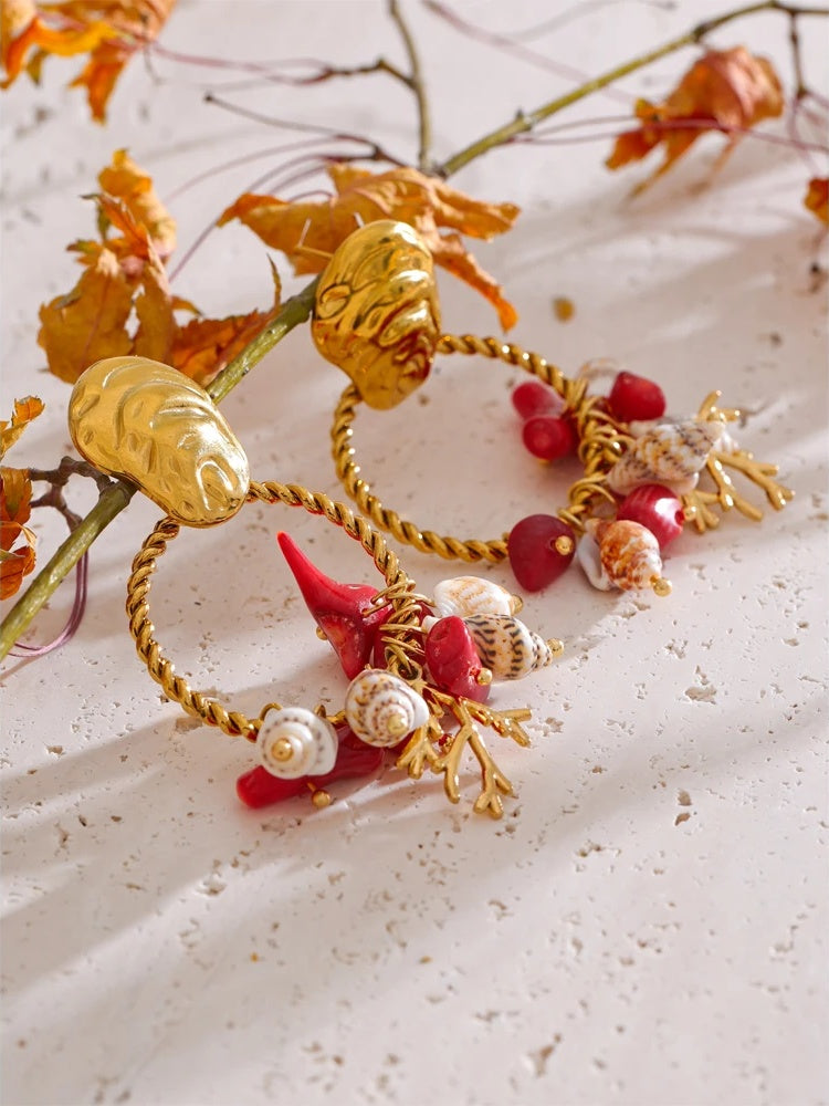 Red stone shell conch drop dangle earrings - product image