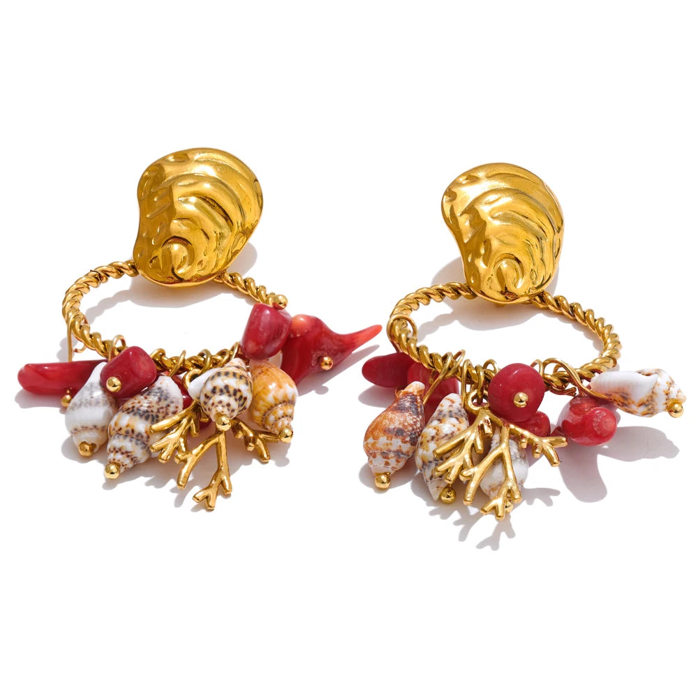 Red stone shell conch drop dangle earrings - product image