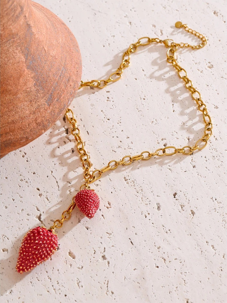 Red strawberry charm pendant necklace women - product image