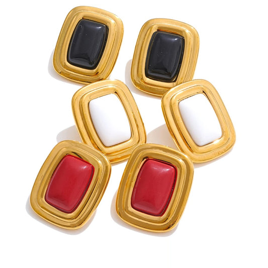 Red white black rectangle natural stone stud earrings - product image
