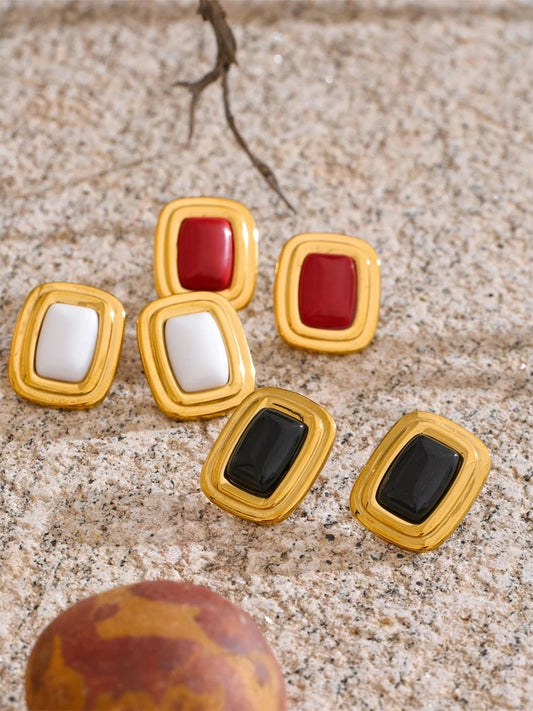 Red white black rectangle natural stone stud earrings - product image