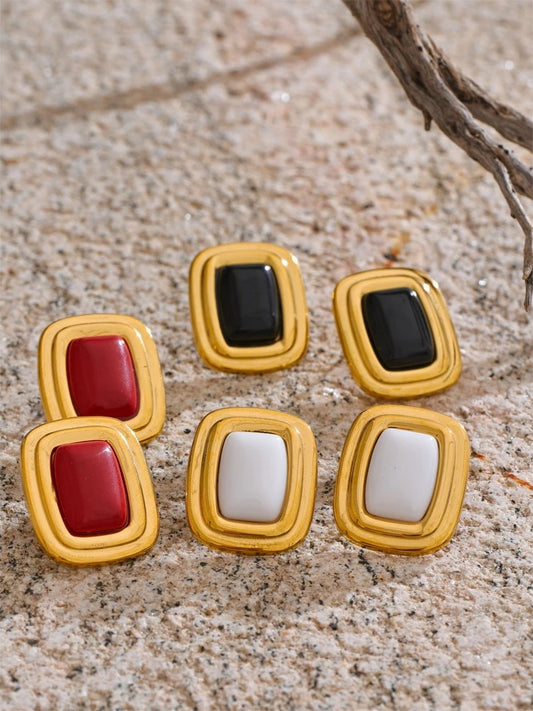 Red white black rectangle natural stone stud earrings - product image