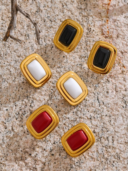Red white black rectangle natural stone stud earrings - product image