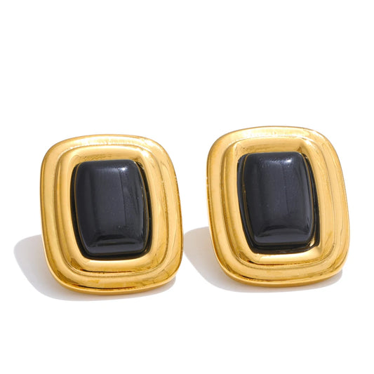 Red white black rectangle natural stone stud earrings - product image