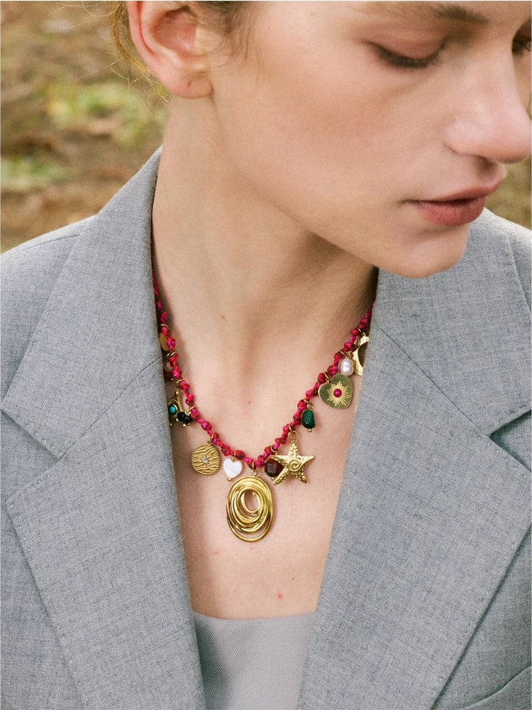 Rope braided natural stone moon star necklace - product image