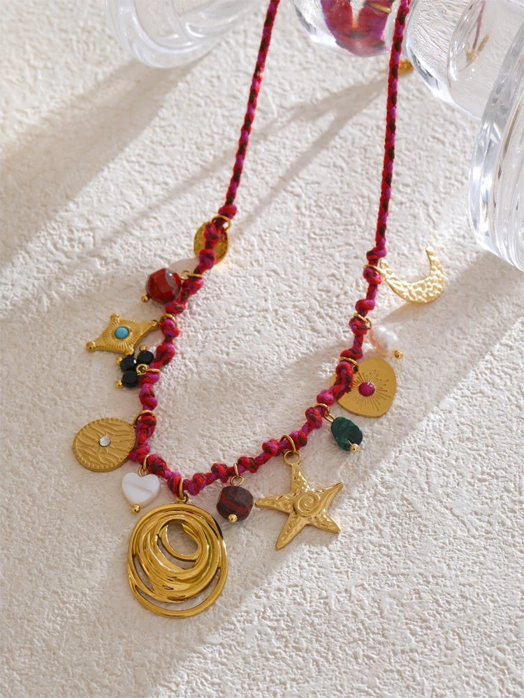 Rope braided natural stone moon star necklace - product image