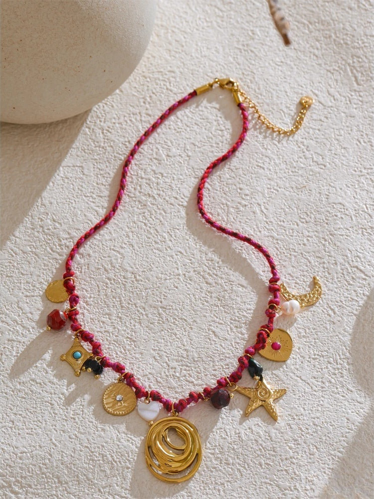 Rope braided natural stone moon star necklace - product image