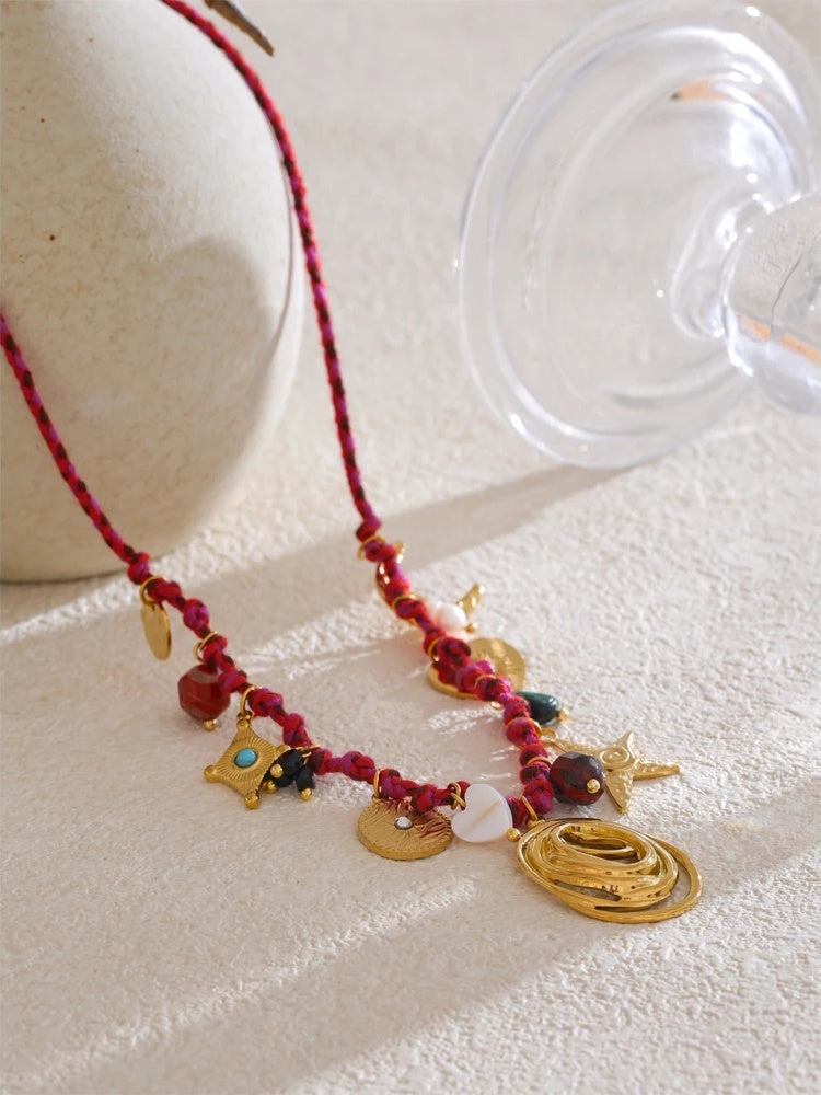 Rope braided natural stone moon star necklace - product image
