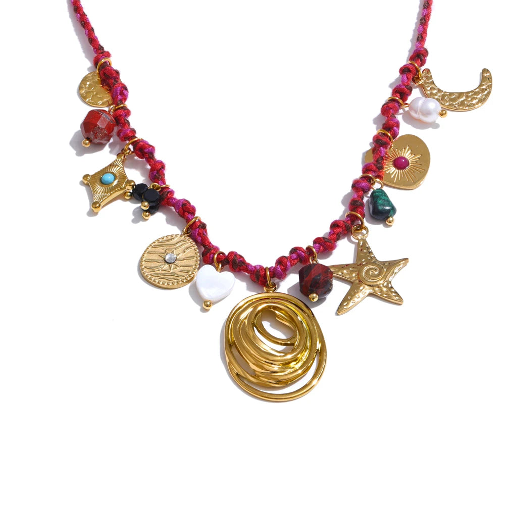 Rope braided natural stone moon star necklace - product image