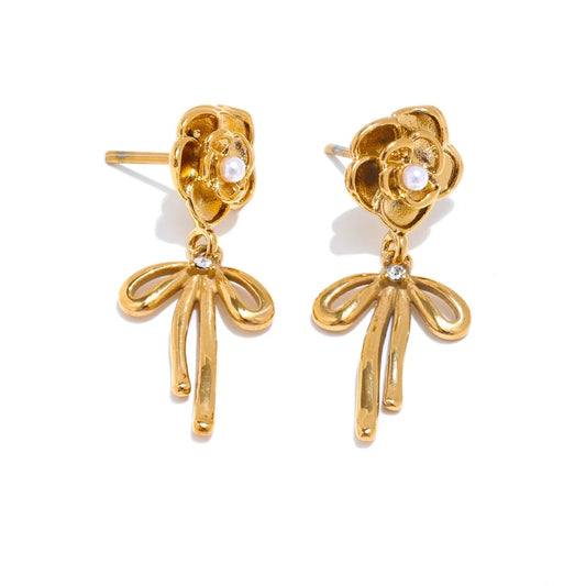 Rose flower pearl bow knot drop earrings - product image