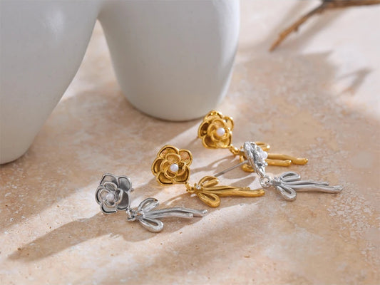 Rose flower pearl bow knot drop earrings - product image