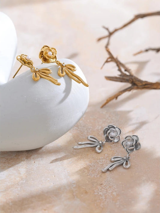 Rose flower pearl bow knot drop earrings - product image