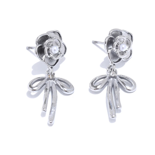 Rose flower pearl bow knot drop earrings - product image