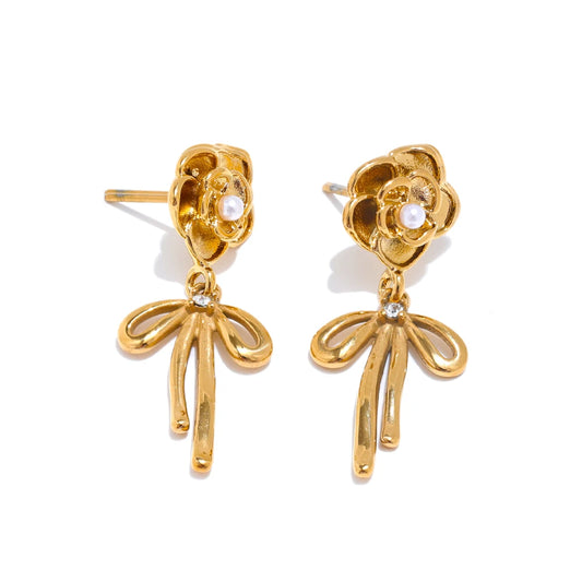 Rose flower pearl bow knot drop earrings - product image