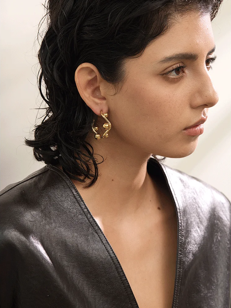 Round beads c-shape huggie hoop earrings - product image