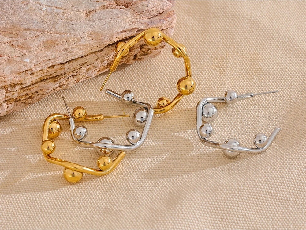 Round beads c-shape huggie hoop earrings - product image