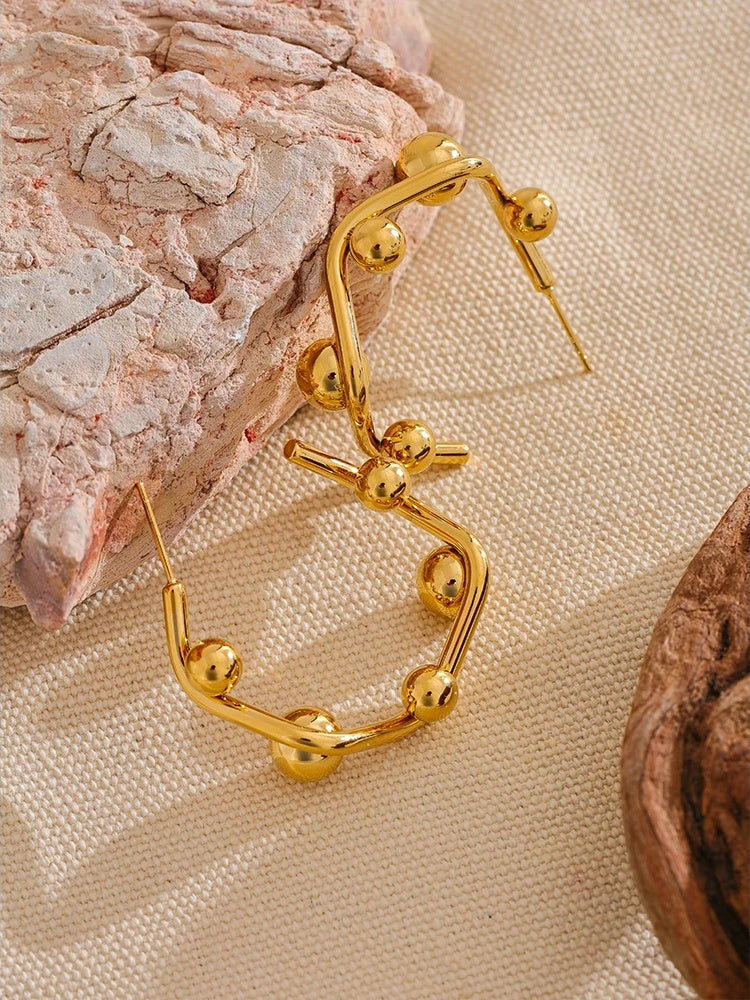 Round beads c-shape huggie hoop earrings - product image