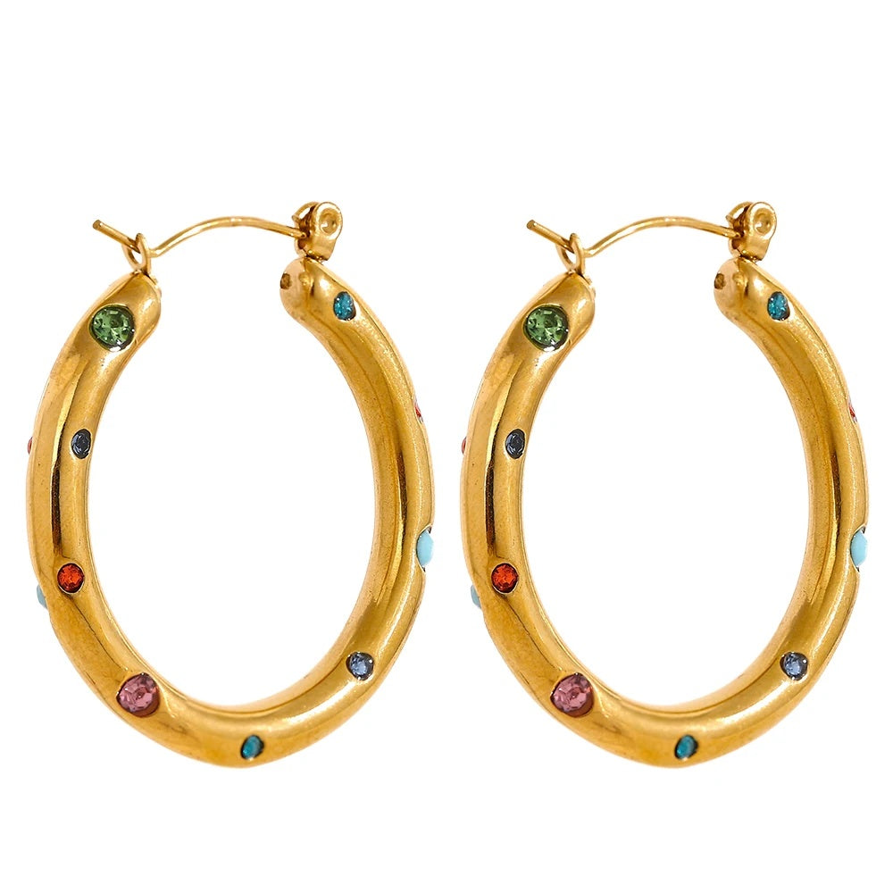 Round colorful cubic zirconia hoop earrings - product image