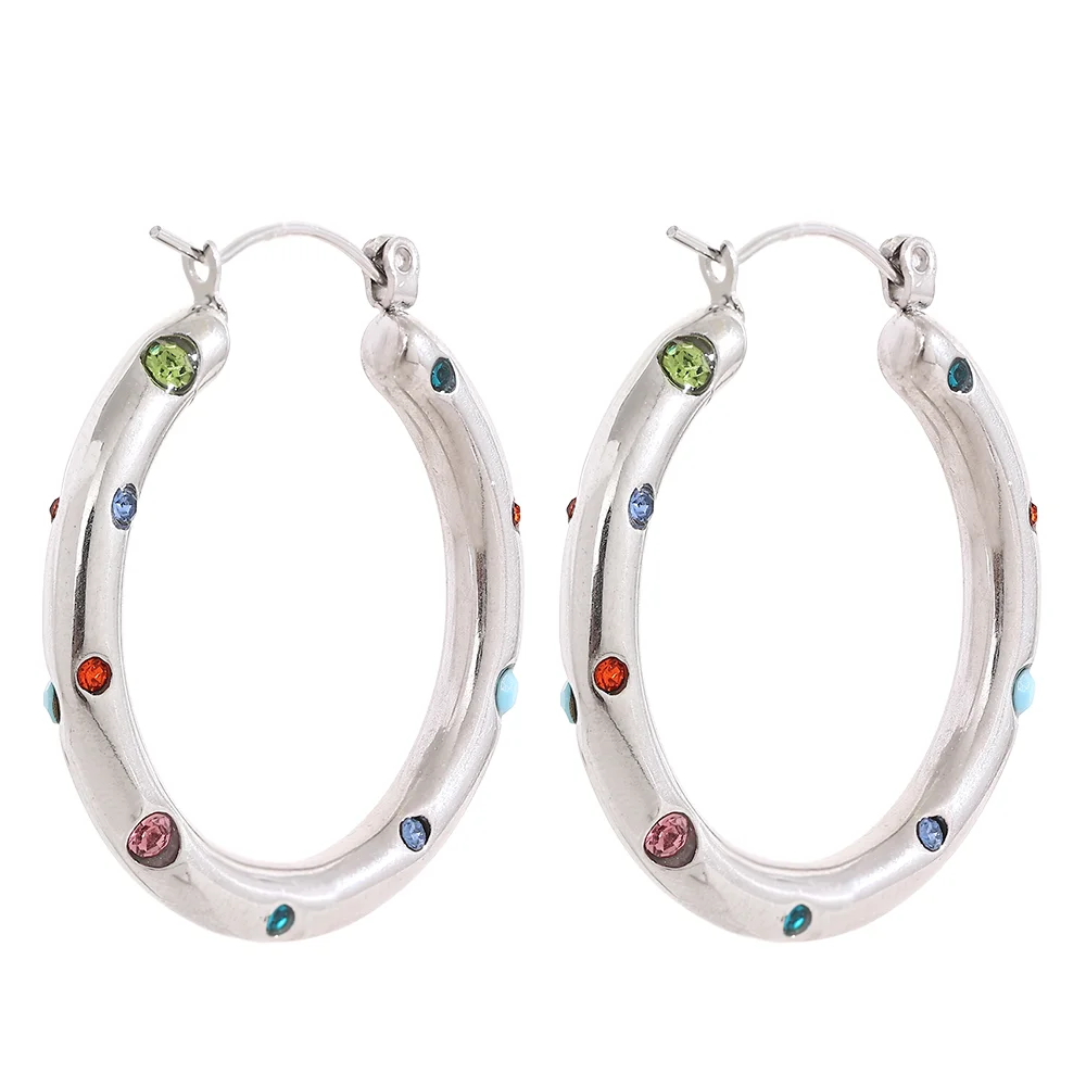 Round colorful cubic zirconia hoop earrings - product image