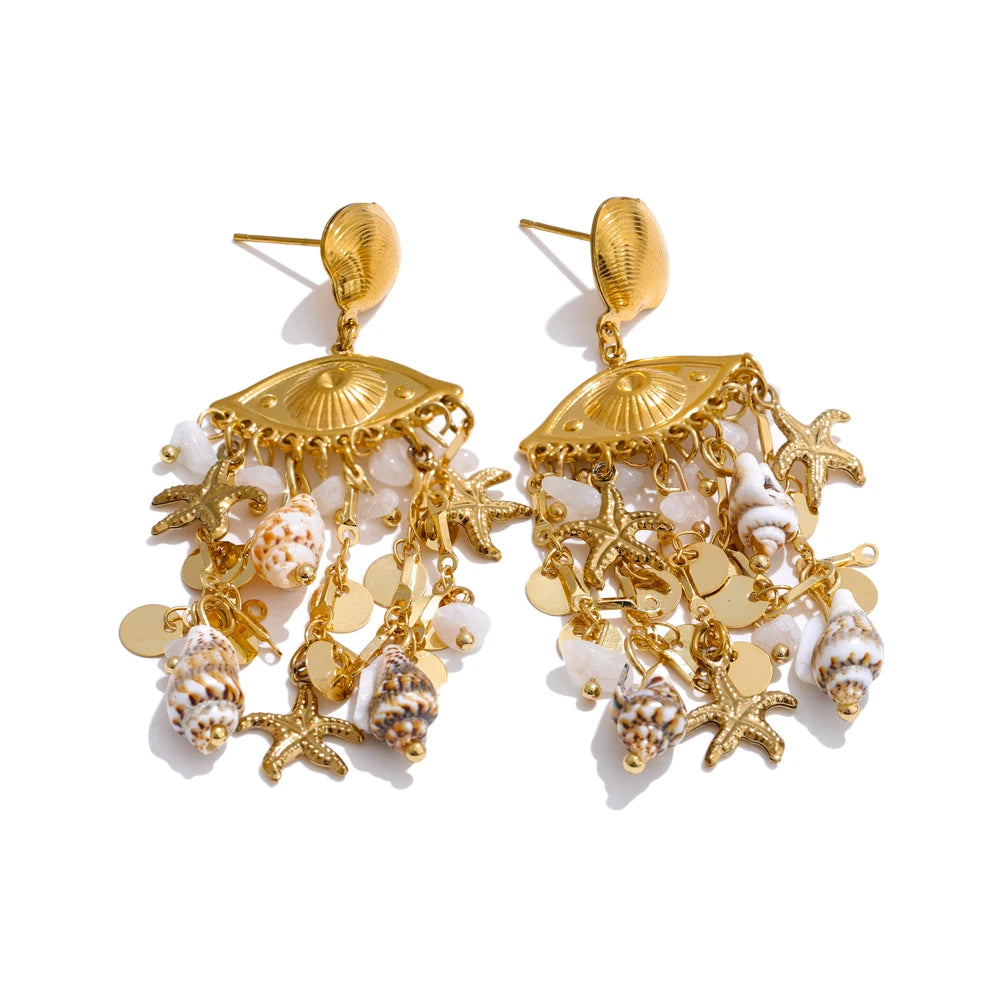 Shell conch starfish dangle summer earrings - product image