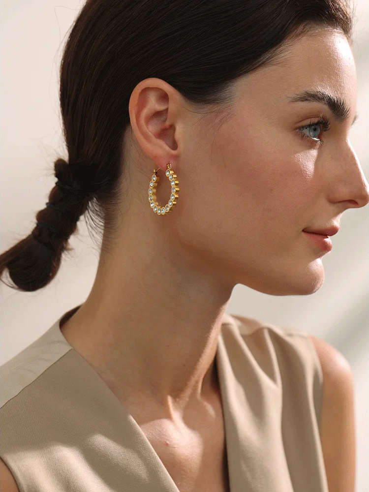 Shiny cubic zirconia round hollow hoop earrings - product image