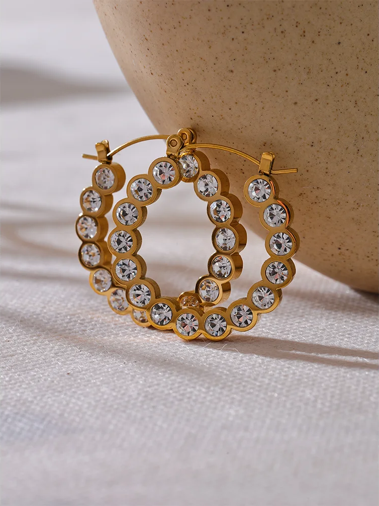 Shiny cubic zirconia round hollow hoop earrings - product image